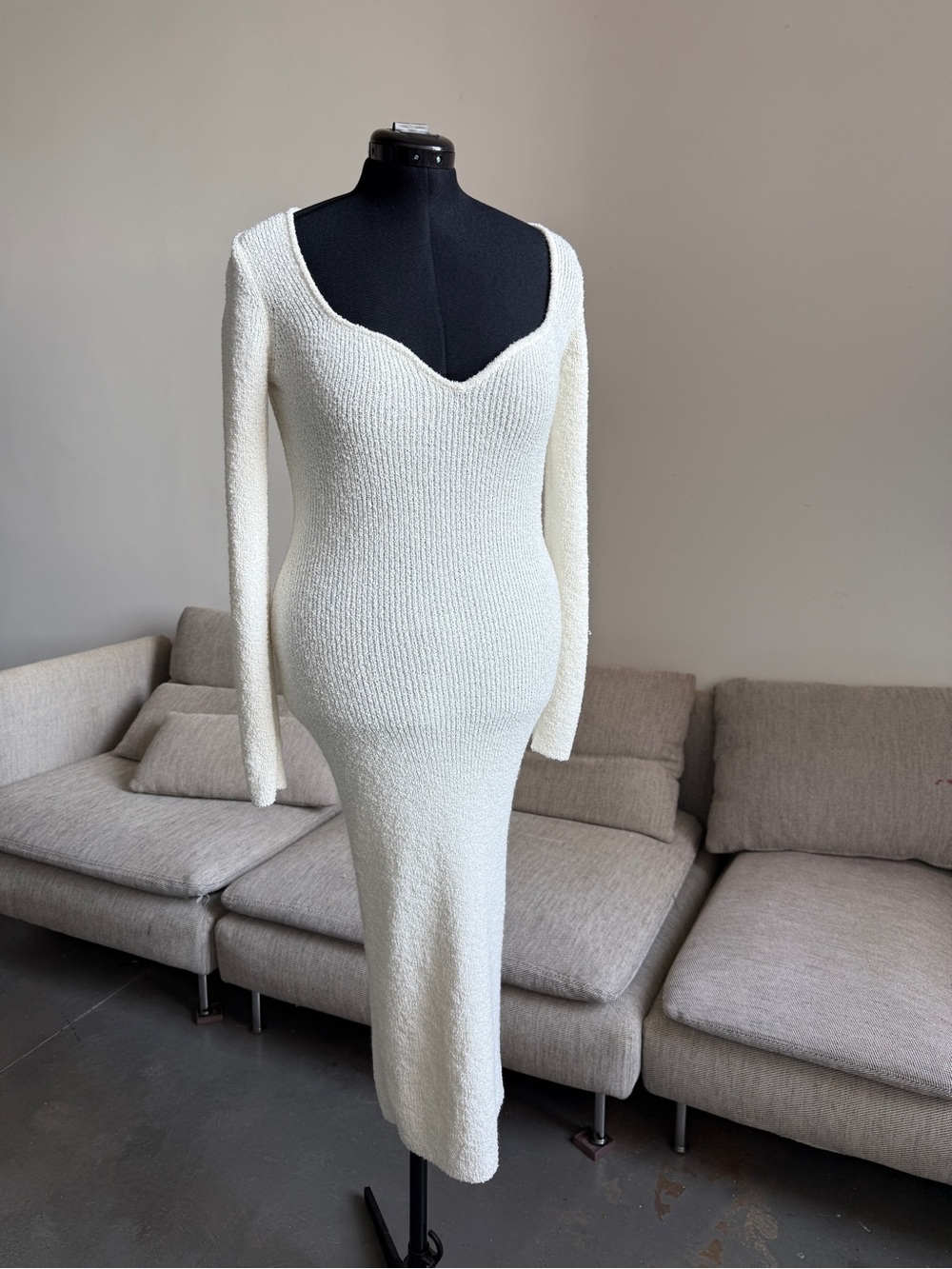 H&M Cream Long-Sleeve Knit Midi Dress